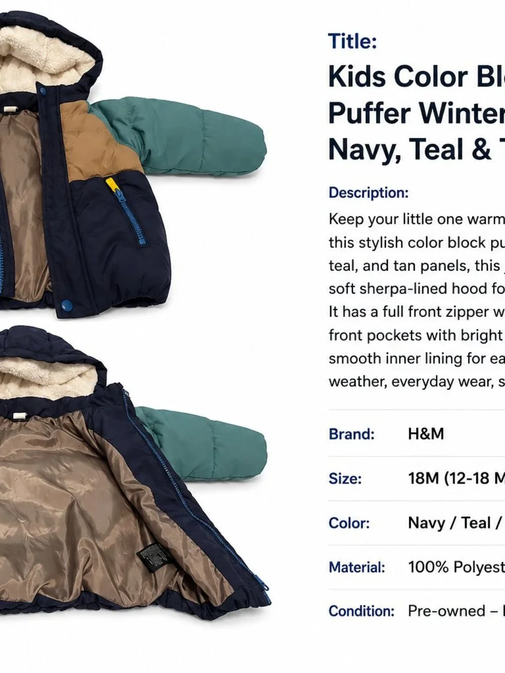 H&M Baby Color Block Hooded Puffer Winter Jacket Navy Teal Tan – Size 12–18 Mont